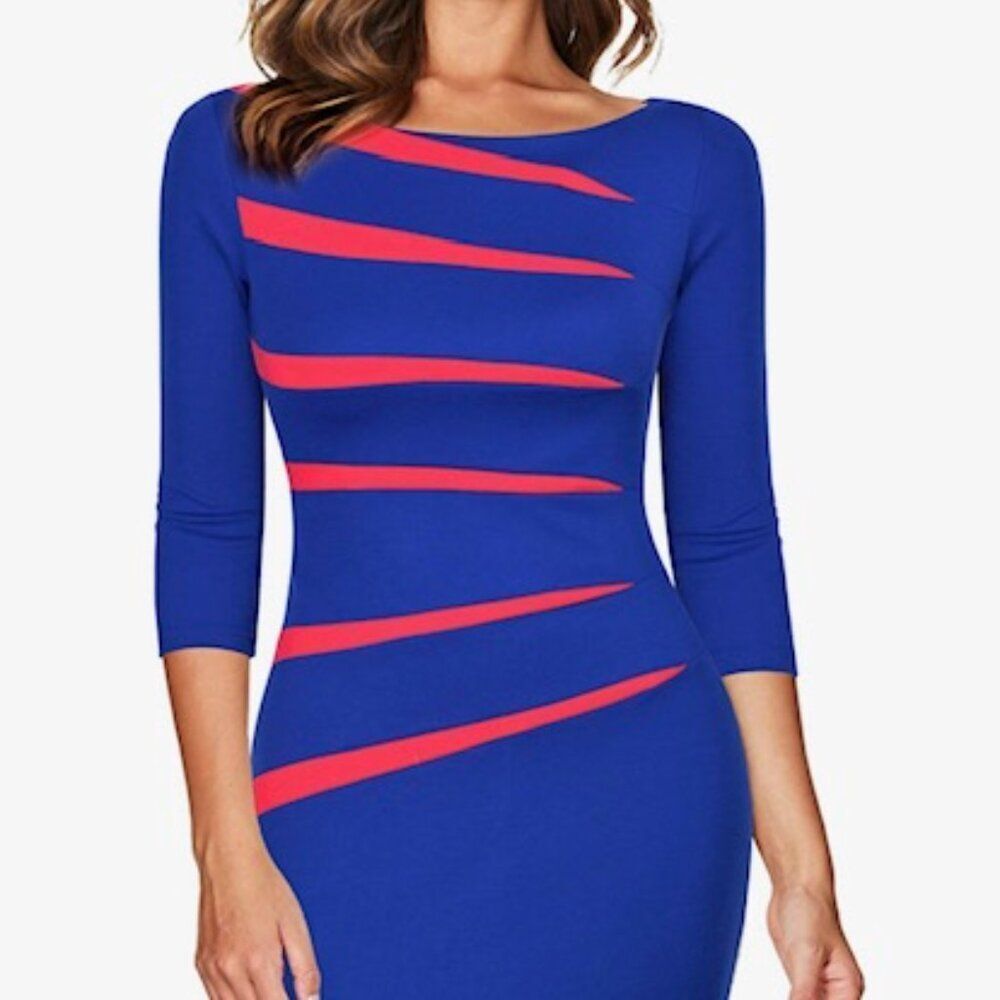 Fortric Blue/Pink Slim Stitching 3/4 sleeves Bodycon Pencil dress, size M